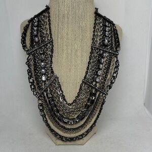 Elegant Multi-Layered Black and Silver Necklace 22”